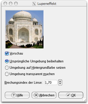 Eigenschaften für das Filter Lupeneffekt